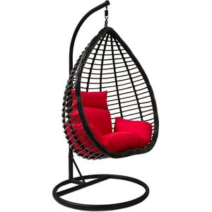 Rijoka Hangstoel Rollo Original Schommelstoel – Zwart Rattan - Rood kussen