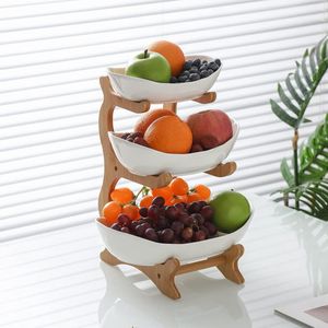 Fruitmand met 3 niveaus, natuurlijke bamboestandaard, keuken, organizer voor groenten en fruit, standaard, serveerbord voor fruit, cake, snoep (PP-kunststof)