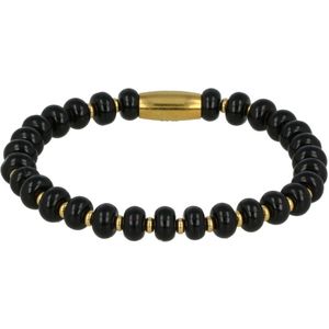 My Bendel Elastische armband met Onyx edelsteen goudkleurig - Prachtige goudkleurige armband met Onyx edelstenen - Met luxe cadeauverpakking