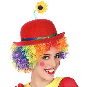 Clown verkleed set gekleurde pruik met bolhoed rood met bloem - Carnaval clowns verkleedkleding en accessoires