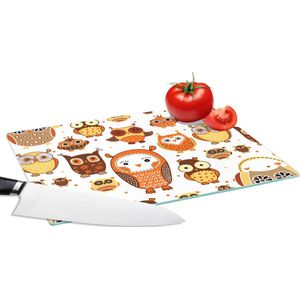 Glazen Snijplank - 28x20 - Meisjes - Uil - Oranje - Patronen - Girl - Kind - Kinderen - Snijplanken Glas