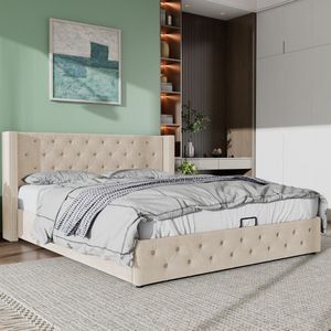 Sweiko Dubbele rij klinknagels Flanel, Knopnaden hoofd en voeteinde, Dubbele bed 160*200 Hydraulische functionele bedbodem is met vuilafstotende zwarte niet-geweven stof, beige