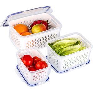 Belle Vous 3 Pack of Fresh Produce Saver Storage Containers with Drain Baskets - Reusable Fridge/Freezer Plastic Food Organiser Bins with Lids - Store Vegetables & Fruit - Dishwasher/Microwave Safe
