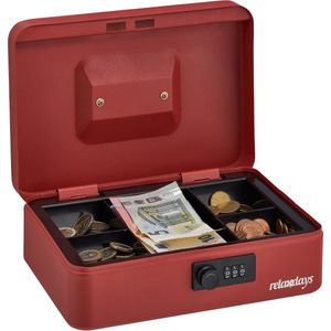 Relaxdays geldkistje met cijferslot - geldkluis met muntenbak - kluisje met code - rood