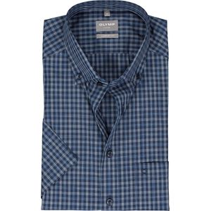 OLYMP comfort fit overhemd - korte mouw - popeline - blauw geruit geruit - Strijkvrij - Boordmaat: 44