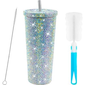 Thermosbeker van roestvrij staal, 750 ml, strass-drinkbeker met deksel en Diamond Tumbler dubbelwandige thermobeker, glinsterende roestvrijstalen isolatiebeker voor ijskoffie of water om mee