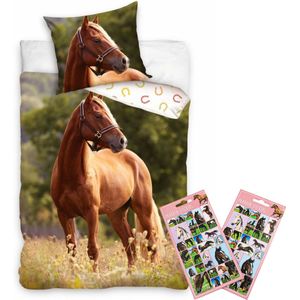 Paarden dekbedovertrek , bruin Paard bloemenweide-140x200 cm , 100% katoen- 1 persoons- dekbed- slaapkamer, incl. Paarden stickers !