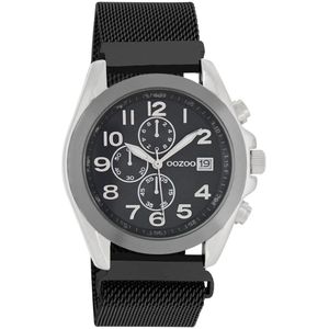 OOZOO Timepieces - Zilverkleurige horloge met zwarte metalen mesh armband - C10733