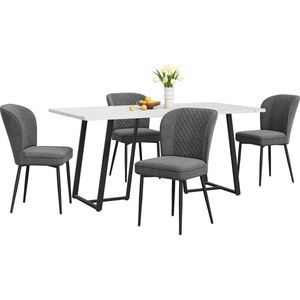 Merax Eethoek Set (140×80×75 cm Tafel + 4 Fluwelen Stoelen) - Moderne Eettafel Set - Comfortabele Stoelen met Rugleuning - Wit MDF Tafelblad - Zwarte Metalen Poten