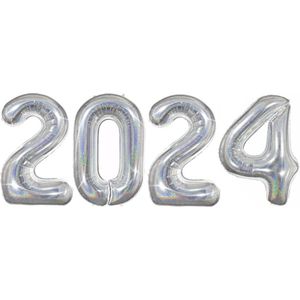 Folie Ballon Cijfer 2024 Oud En Nieuw Versiering Nieuw Jaar Feest Artikelen Happy New Year Glitter Zilver - XL Formaat