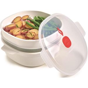 Witte stoompan voor magnetron met 2 dienbladen - BPA-vrij - Made in Italy - 4 liter - Tempozero lijn - 000851