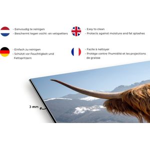 Spatscherm keuken 120x80 cm - Kookplaat achterwand Schotse Hooglander - Berg - Sneeuw - Muurbeschermer - Spatwand fornuis - Hoogwaardig aluminium