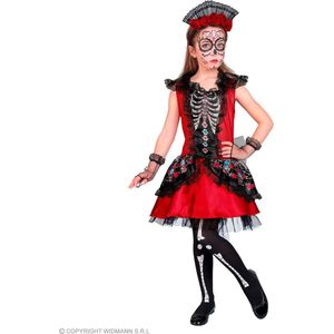 Widmann - Spaans & Mexicaans Kostuum - Feestelijke Rode Day Of The Dead Jurk Meisje - Rood, Zwart - Maat 158 - Halloween - Verkleedkleding