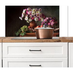 Spatscherm keuken 100x50 cm - Kookplaat achterwand Bloemen - Fruit - Stilleven - Roze - Muurbeschermer - Spatwand fornuis - Hoogwaardig aluminium