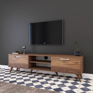 TV Meubel - Retro Stijl 180 cm - Walnoot Afwerking - Zilveren Handgrepen