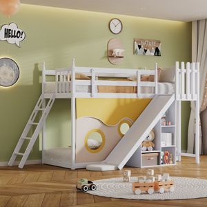 Sweiko Stapelbed, Houten bed met Trap en hekken, met Bedgordijn, Glijbaan en Plank, Kinderbed met Valbeveiliging en Rooster, Dennen frame, Wit (90x200cm)