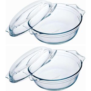 Set van 2x stuks ronde glazen ovenschalen met deksel 3 liter 23 x 11 cm - Ovenschotel schalen - Bakvorm