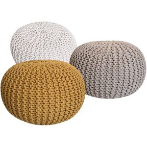 Luuk | Pouf Set 3 Stuks | Grof Gebreid | 100% Gerecycled Katoen | Ø 55 cm | poef | hocker | Kruk | hockers en poefen | fluwelen poef | Wood Selections