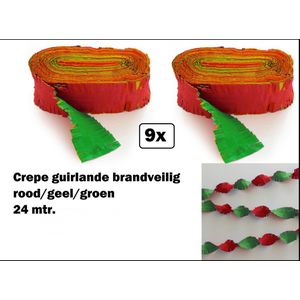 9x Crepe guirlande brandvertragend rood/geel/groen 24meter -BRANDVERTRAGEND - verjaardag vlaglijn festival thema feest purple party