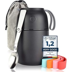 Warmtehouder 650 ml - Roestvrij Staal, Dubbelwandige Isolatie, Lekvrij en Anti-Slip, Inclusief Lepe, Reinigingsborstel en Draagriem - Houdt Eten tot 9 Uur Warm & 16 Uur Koud