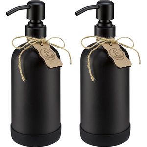 Zeepdispenserset van zwart glas, fles met roestvrijstalen pompkop en siliconen onderzetter (2 stuks van 500 ml