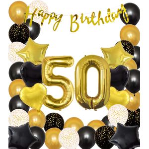 Snoes Ballonnen 50 Jaar Black Gold Dots Mega Ballon - Compleet Feestpakket Goud Zwart Stippen Cijferballon 50 - Verjaardag Versiering DIY Slinger Happy Birthday – Folieballon – Latex Ballonnen - Helium Ballonnen