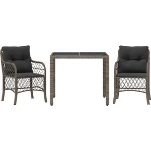 vidaXL - 3-delige - Bistroset - met - kussens - poly - rattan - grijs