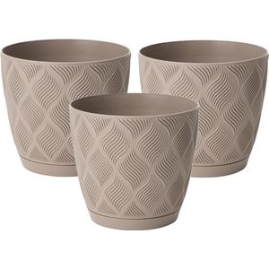 Form Plastic Plantenpot/bloempot New Age - 3x - kunststof - beige - D17 x H15 cm - met opvang schotel - rond