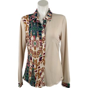 Angelle Milan - Blouse in 50/50 Groen/Beige voor Dames - Travelstof - Comfort - Strijkvrij - Duurzaam - Maat S - In 5 maten!