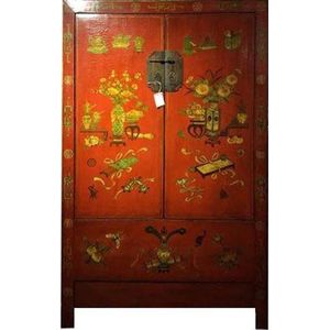 Fine Asianliving Antieke Chinese Bruidskast Rood Handgetekend 20e eeuw B114xD51xH183cm Chinese Meubels Oosterse Kast