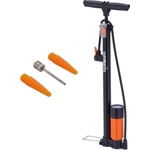Fietspomp met manometer - dubbele kop - 3 adapters - hogedruk - universeel - alle ventielen - vloerpomp - zwart-oranje