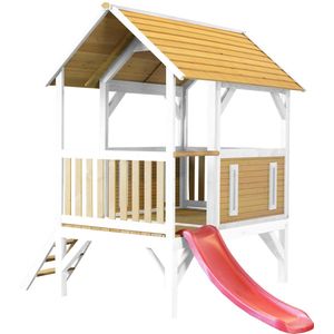 AXI Akela Speelhuis op palen in Bruin/Wit met Rode Glijbaan - Speelhuisje voor de tuin / buiten - FSC hout - Speeltoestel voor kinderen - 10 jaar garantie