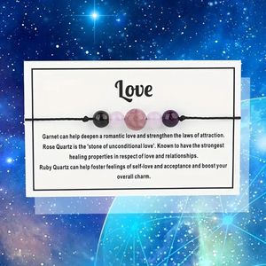 Bixorp ""Love"" Cadeau Armband - Edelsteen Armbandje op kaartje - Granaat, Rozenkwarts, Robijnkwarts