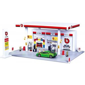 Bburago tankstation bouwpakket met een Lamborghini modelauto in schaal 1:43