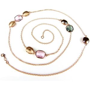 Zilveren halsketting collier halssnoer roos goud verguld Model Rectangle gezet met roze en grijze steen