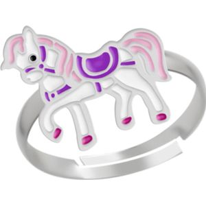 Ring meisjes kind | Ring kinderen | Zilveren ring, paard met roze manen en paars zadel