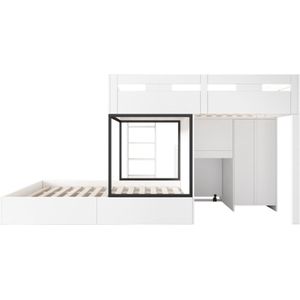 Gotagee Stapelbed 90x200 cm met uitschuifbaar bureau en kledingkast, multifunctioneel kinderbed, met lades planken ladders, zonder matras, wit