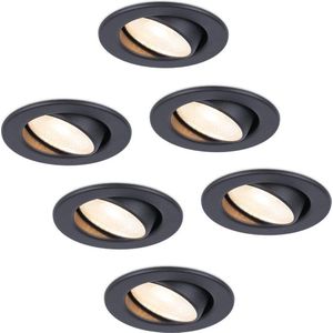 6x HOFTRONIC Malta - Kantelbare inbouwspot - LED - Rond zaagmaat 60-67mm - Zwart - Dimbaar - 5 Watt - 480 lumen - 230V - 2700K Extra warm wit - Plafondspots - Inbouwspot voor badkamer en buiten - 5 jaar garantie