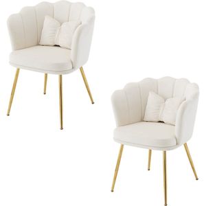 Merax Velvet Fauteuil met Bladerenpatroon Set van 2 – Elegante Stoelen met Gouden Metalen Poten en Sierkussen – Beige