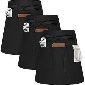 3 stuks schort met 3 zakken kelnerschort, waterdicht half schort voor mannen en vrouwen, keukenschort, restaurantschort, grillschort, 70 x 45 cm (zwart), zwart