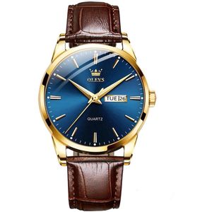 - Luxe Herenhorloge - Mannen - Zilveren Polsband - Goud en Blauw - Luxe Doos -