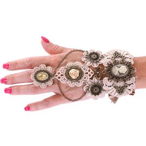 KIMU Armband Kant Creme met Ring - Great Gatsby Roaring Twenties 3 - Peaky Blinders Charleston Kanten Brocante Bloemen Jugendstil Art Deco Gebroken Wit Witte Ketting Victoriaans Steampunk Sexy Festival