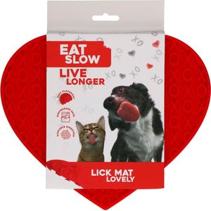 Eat Slow Live Longer Likmat Hartvormig - 19 x 23 cm - Anti-schrok Mat - Slowfeeder - Snuffelmat - 100% siliconen - Vaatwasserbestendig - Voor Hond of Kat - Rood
