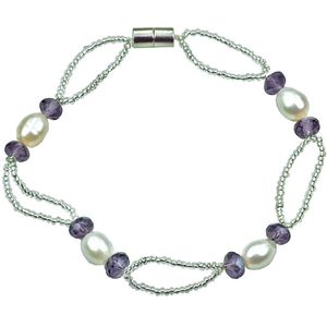 Zoetwater parel armband Pacio - echte parels - wit - paars - magneetslot - zilver - sieraden zakje - cadeau voor haar - kerst cadeau - Moederdag cadeau