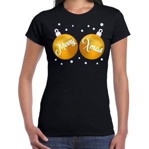 Fout kerst t-shirt zwart met gouden merry Xmas ballen borsten voor dames - kerstkleding / christmas outfit M