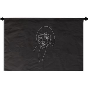Wandkleed Line-art Vrouwengezicht - 10 - Line-art starende vrouw op een zwarte achtergrond Wandkleed katoen 150x100 cm - Wandtapijt met foto
