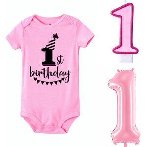 Cakesmash First Birthday set met roze romper, kaars en folie ballon - eerste - verjaardag - kinderfeest - romper - kaars - ballon