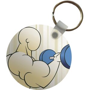 Sleutelhanger - Een illustratie van een bodybuilder met een blauwe halter - Plastic - Rond - Uitdeelcadeautjes