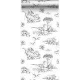ESTAhome behang dinosaurussen zwart wit - 139269 - 0.53 x 10.05 m