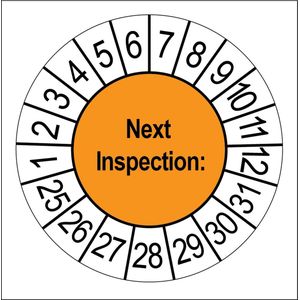 Oranje | Next Inspection Keuringsstickers | 50 stuks (10 strips) | 35mm Rond | Vinyl